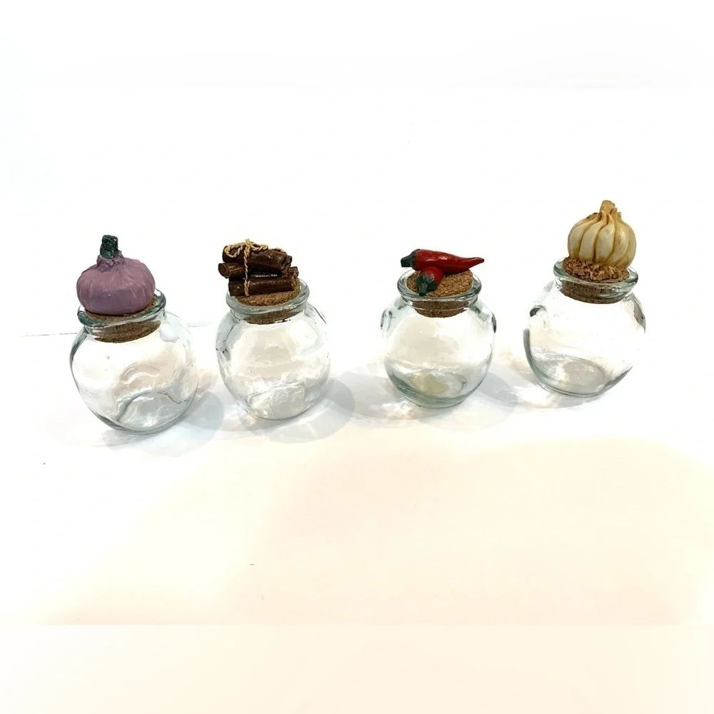 Glass Spice Jars Cork Lids Ceramic Food Knobs Barrel Jars Apothecary Set of 4
